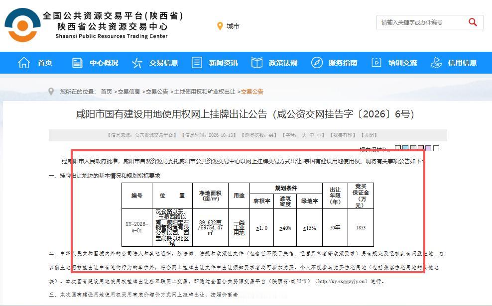 最新！10月13日，咸阳土地招拍挂市场挂牌推出1宗近90亩的建设用地，挂牌截止日