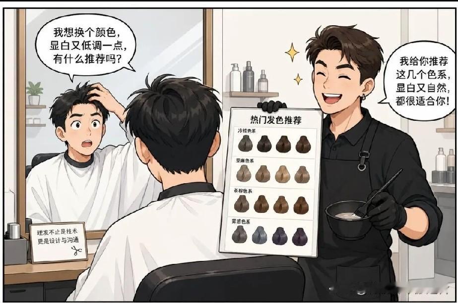 图文漫画推荐理发师：染什么色？顾客：自然黑。染完：太黑了。理发师：自然黑是最黑的