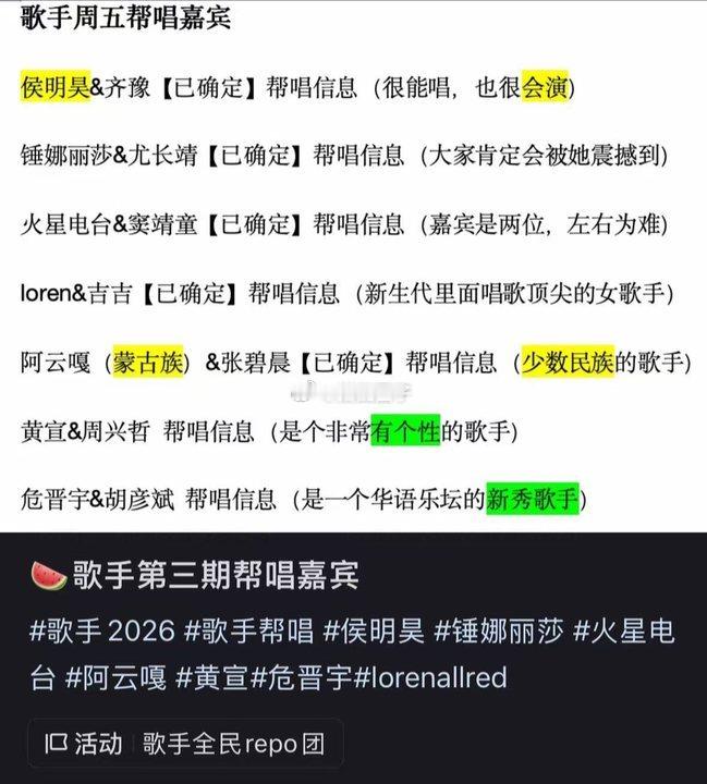 网传歌手2026帮唱嘉宾网传歌手2026帮唱嘉宾名单哇塞