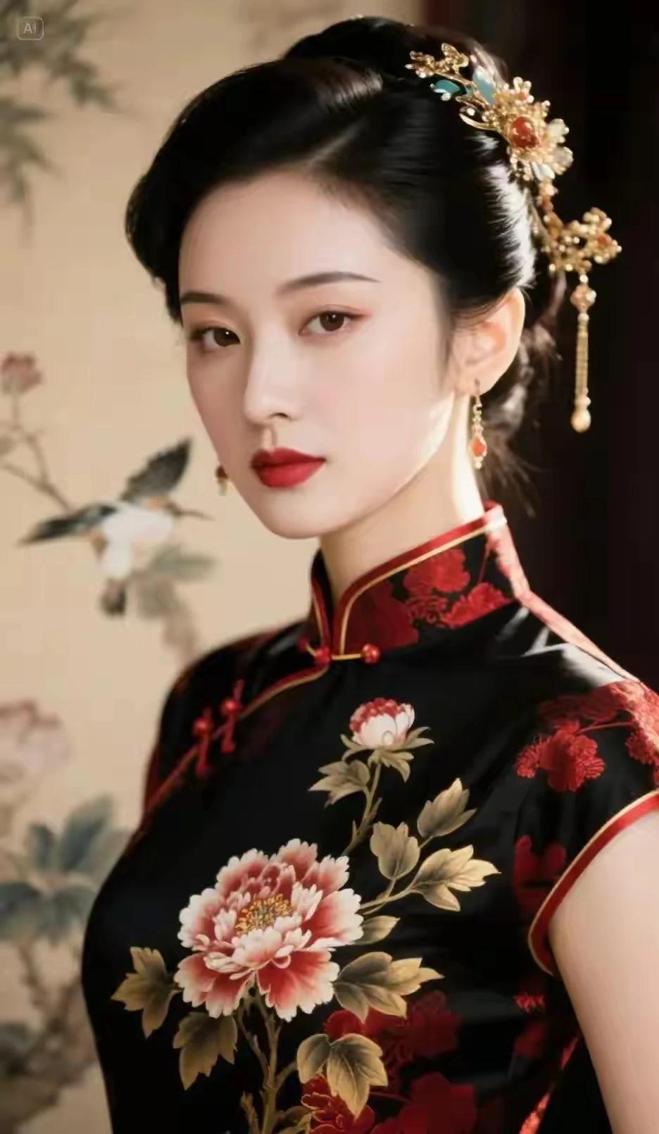 东方服饰，雍容华贵绣红牡丹，传统旗袍沉鱼落雁，闭月羞花百媚千娇，国色天香