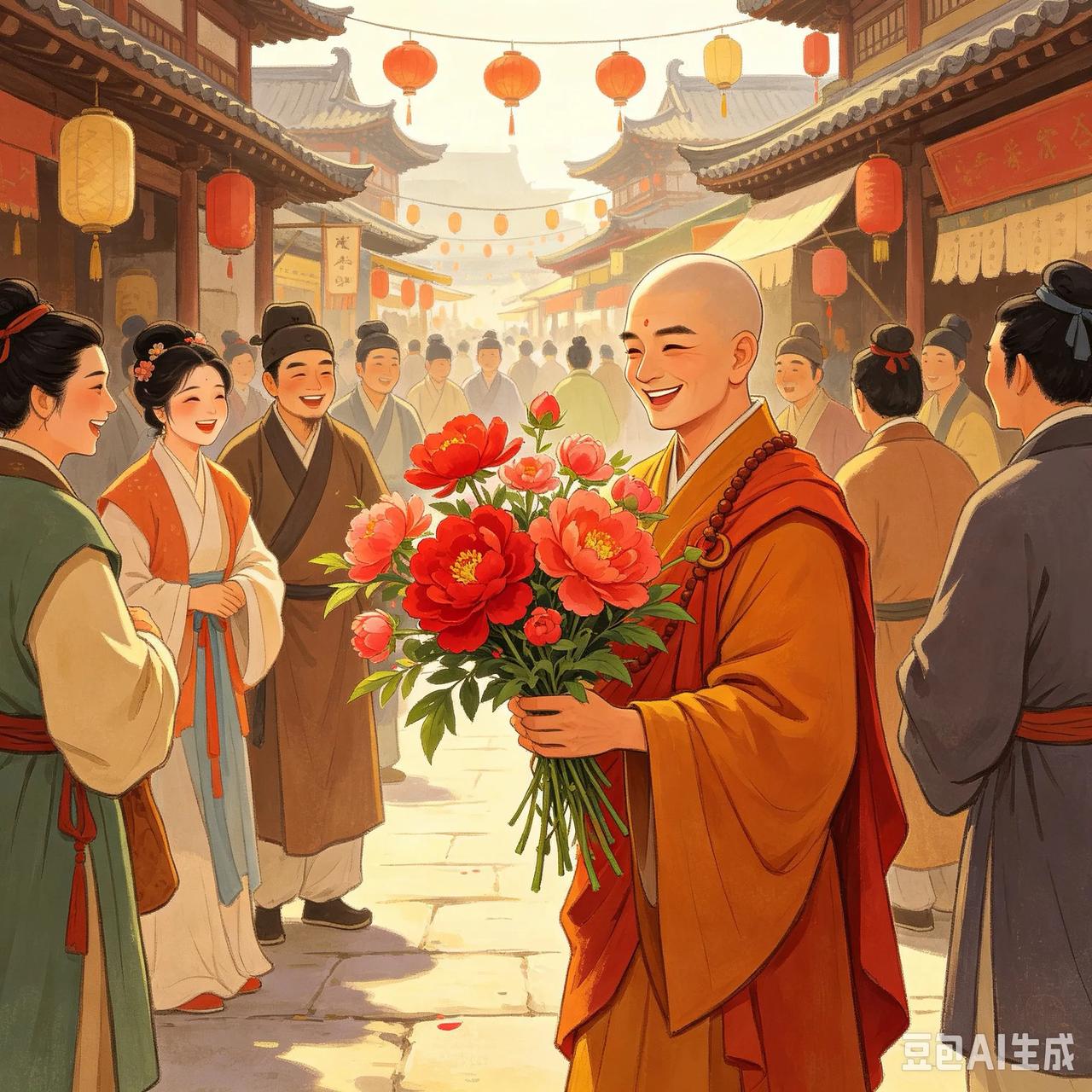 唐朝时，商人章某拿出几枚铜钱买了花，送给和尚珉楚，说：“凡是看见这束花之后露出笑