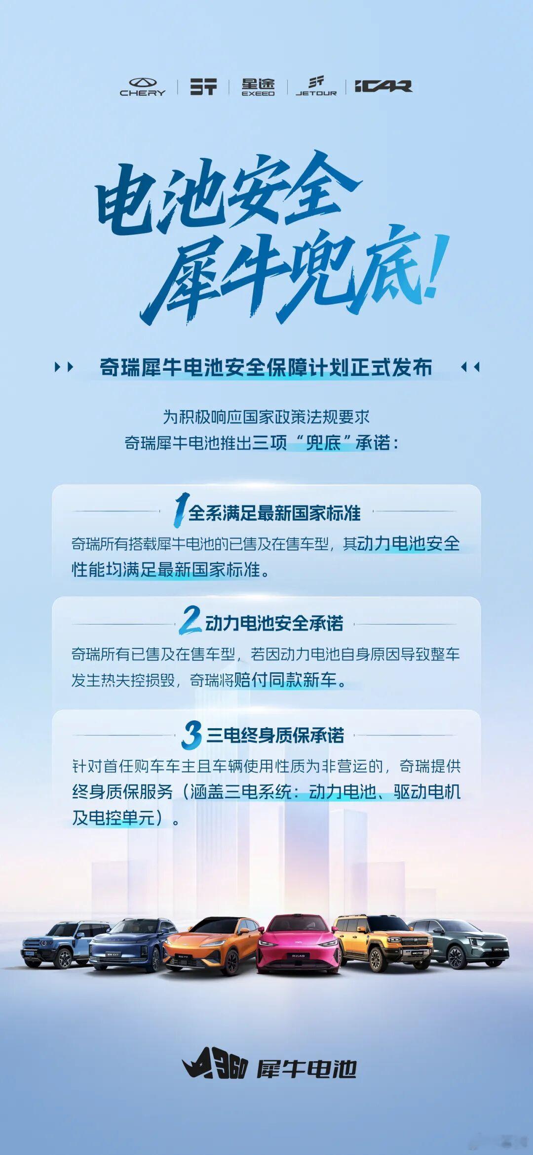 奇瑞正式发布犀牛电池全套安全保障权益，覆盖奇瑞、星途、捷途、iCAR所有配备该电