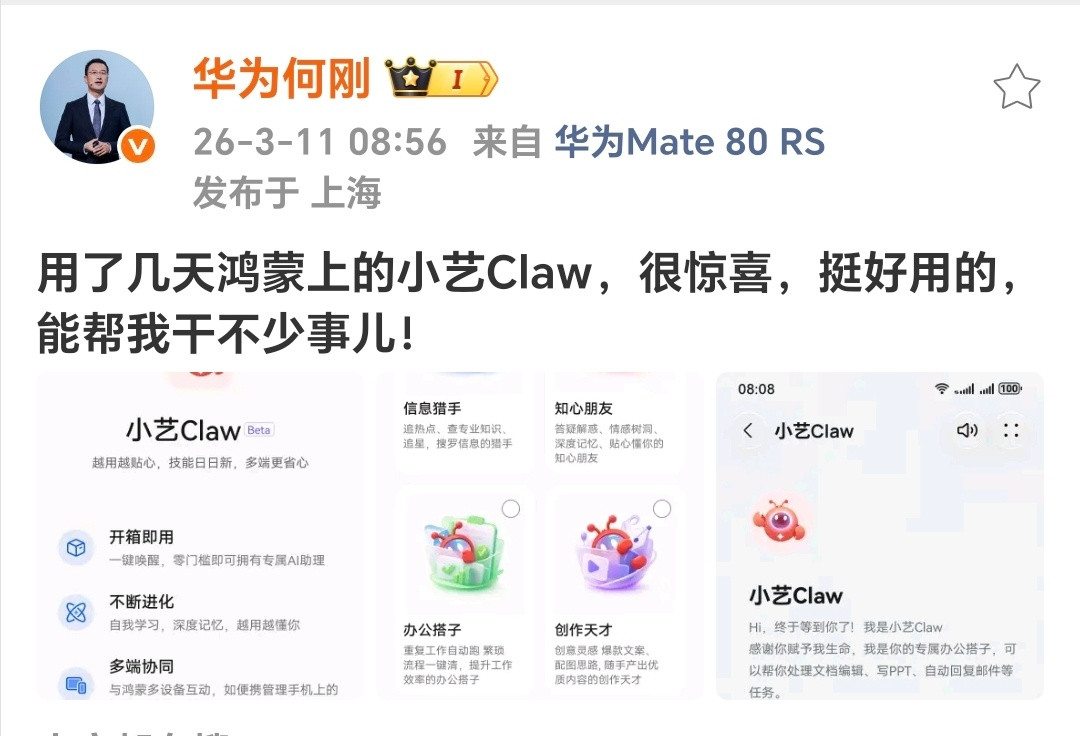 就像当年接入DeepSeek一样，各家手机厂商也开始做自己的Claw，真是全民养