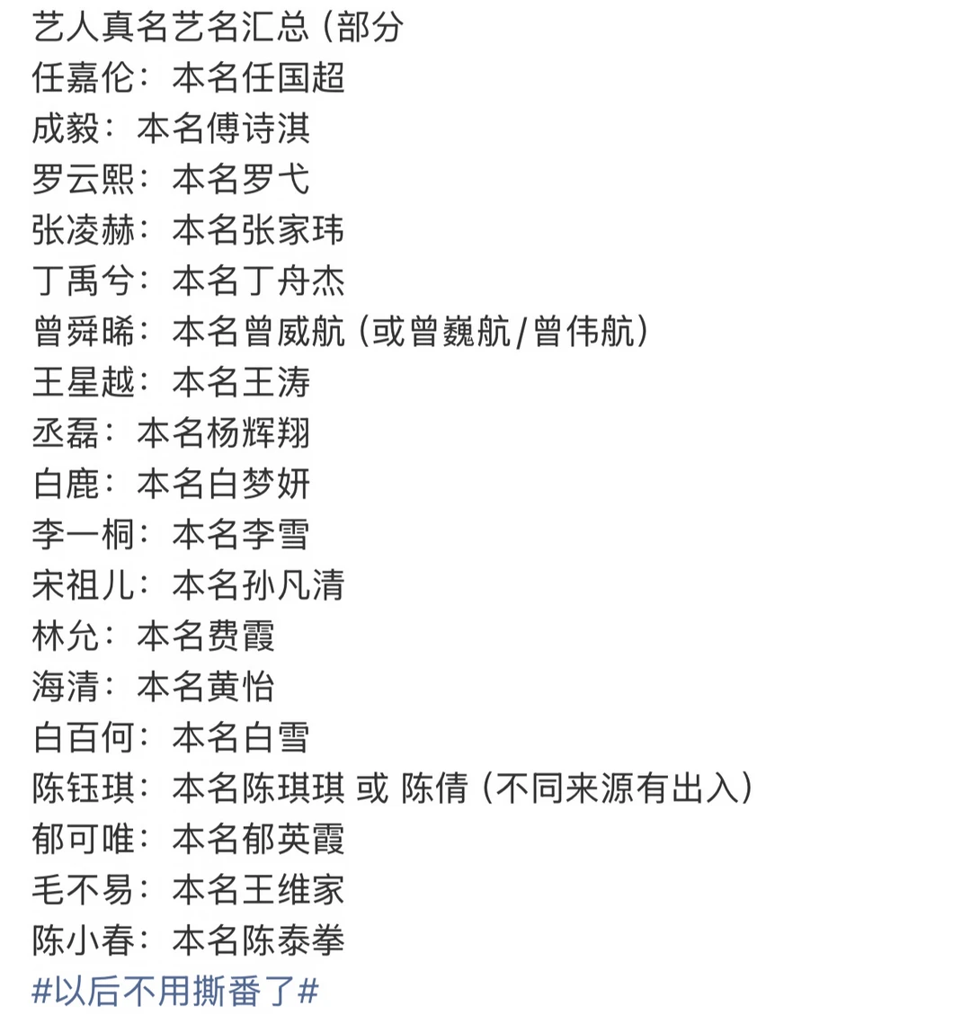 艺人真名艺名部分汇总，欢迎补充👏👏
