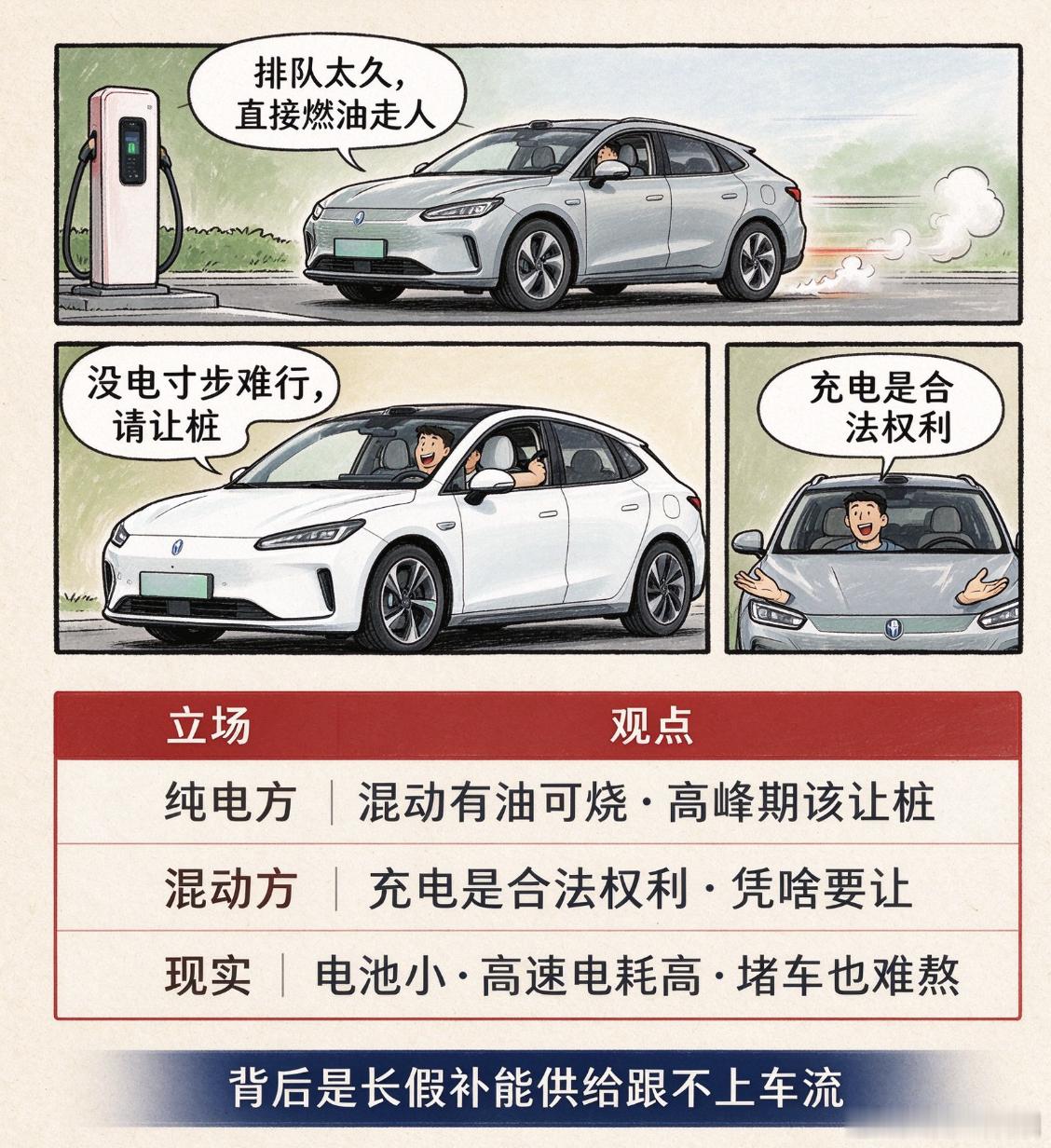#充电站排队烧油赶路混电车主发声#今年高速充电桩已经成了持续的热点，一个"让桩"话题，评论区吵翻了。