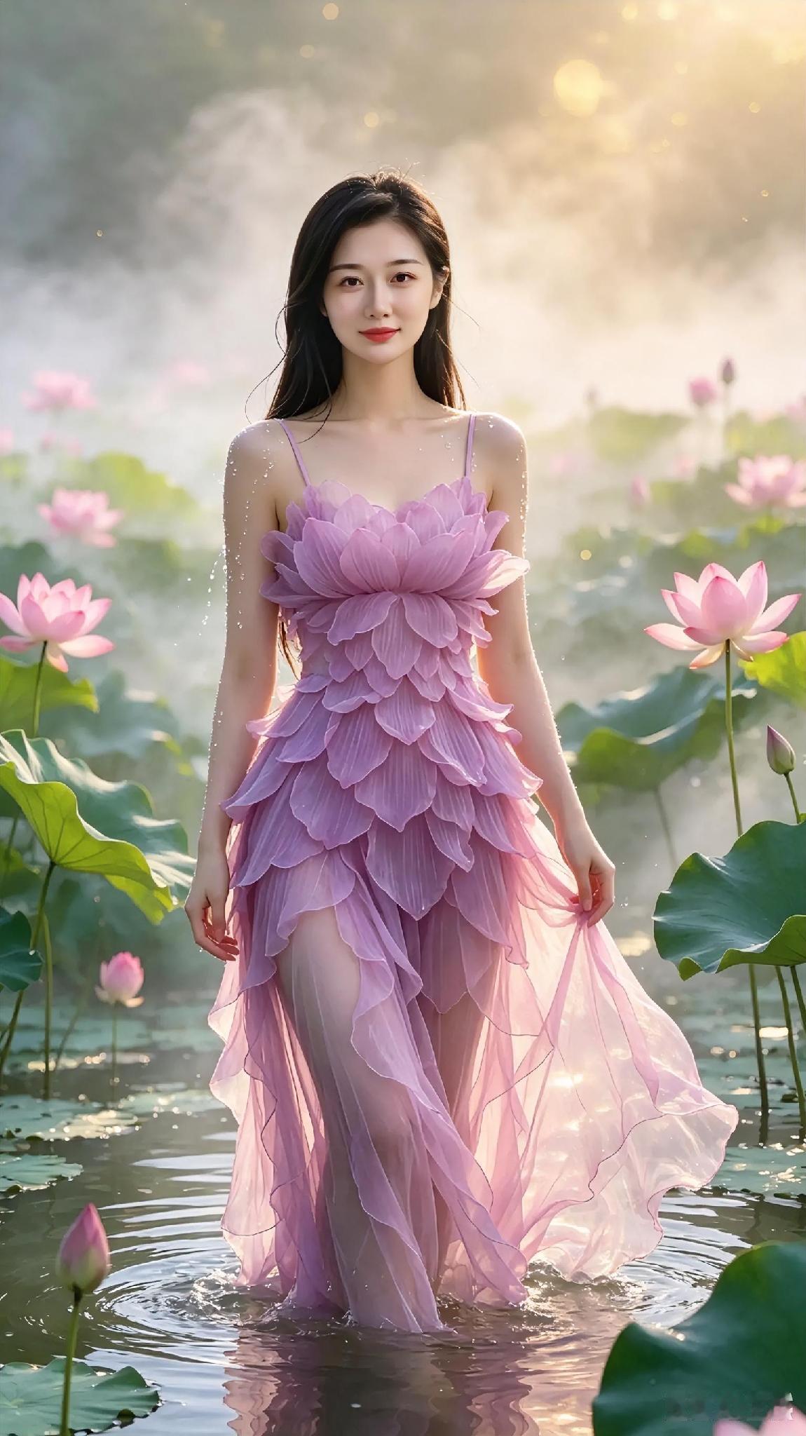 一位仙女站在荷花池中，美若天仙。绝美荷花池梦幻花海仙女宛若仙女莲花