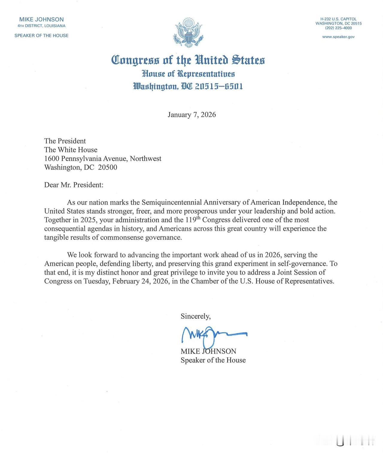 美国众议院议长迈克·约翰逊（MikeJohnson）发出正式邀请函，邀请总统唐