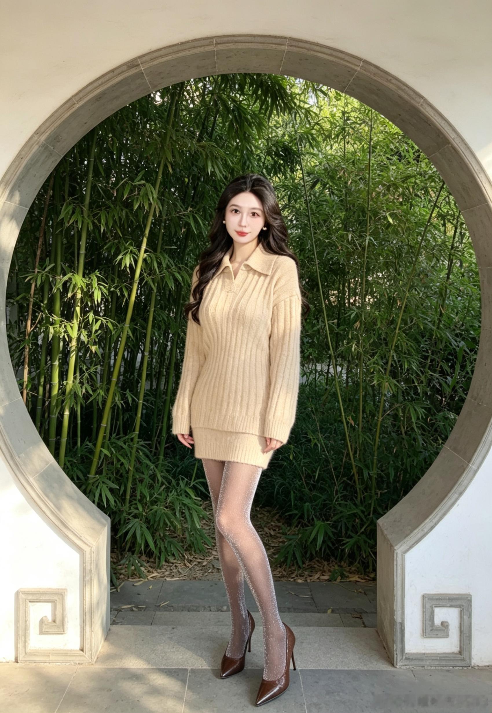 时尚穿搭今天穿什么ootd褐色长袖针织衫搭配亮片修长黑色丝袜真的性感十足