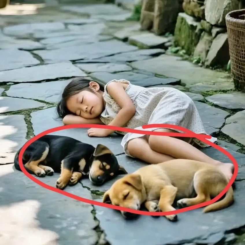 一张照片，一个温馨的画面农村一个小院里，小女孩与她的两只狗狗，一大一小，一起依