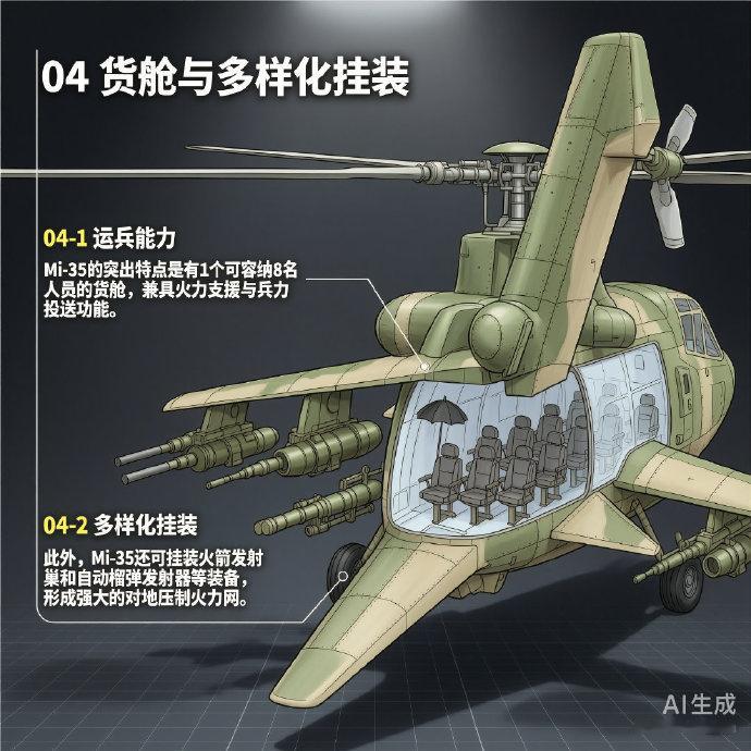 #军事ai新视野#俄罗斯Mi-35“雌鹿E”武装直升机Mi-35是俄罗斯米里设计局研制的中型通用直升