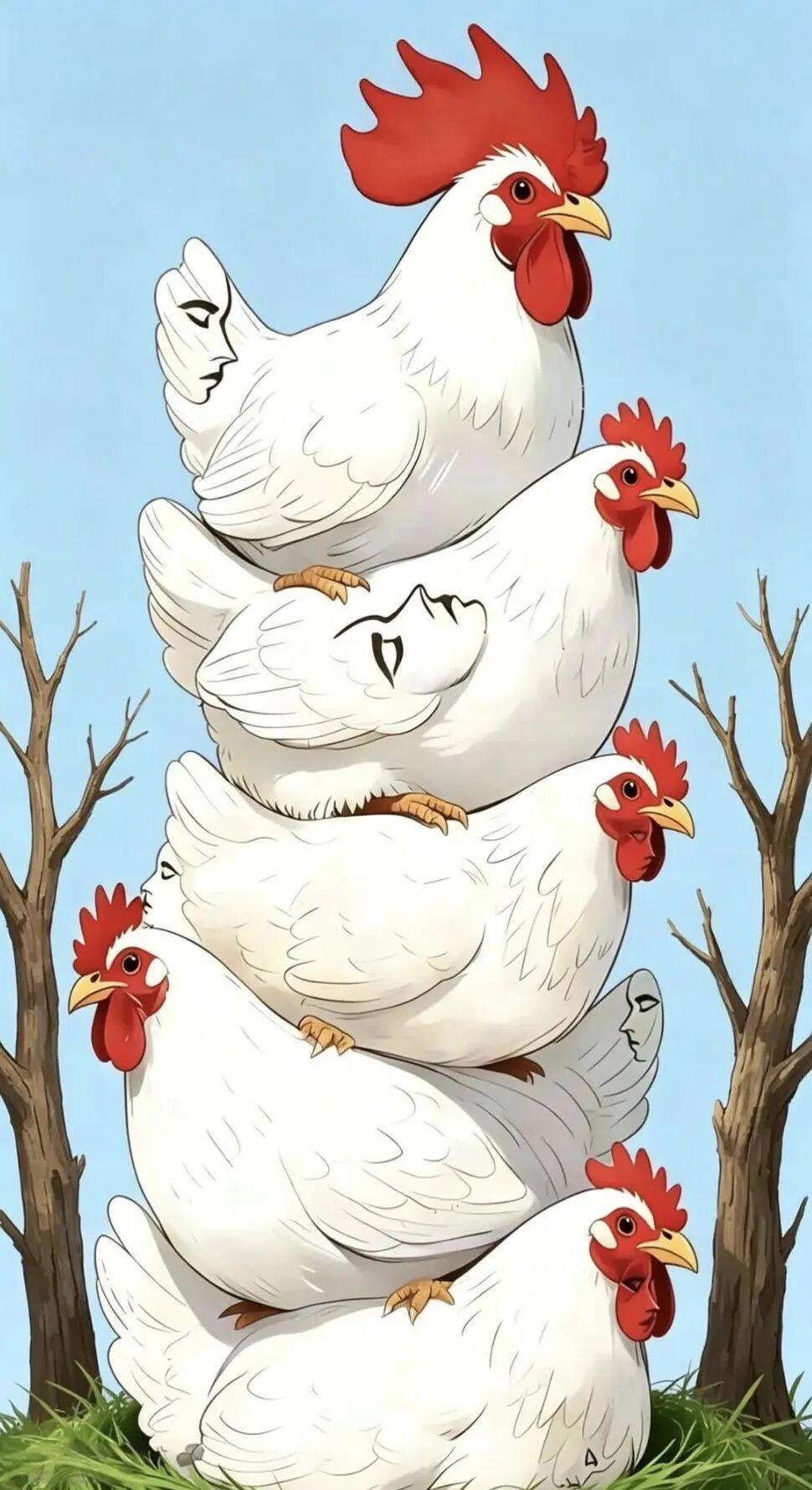五只鷄里隱藏著5張人臉，能在30秒內找出來的，証明大腦還年輕。可能大部分人第一眼