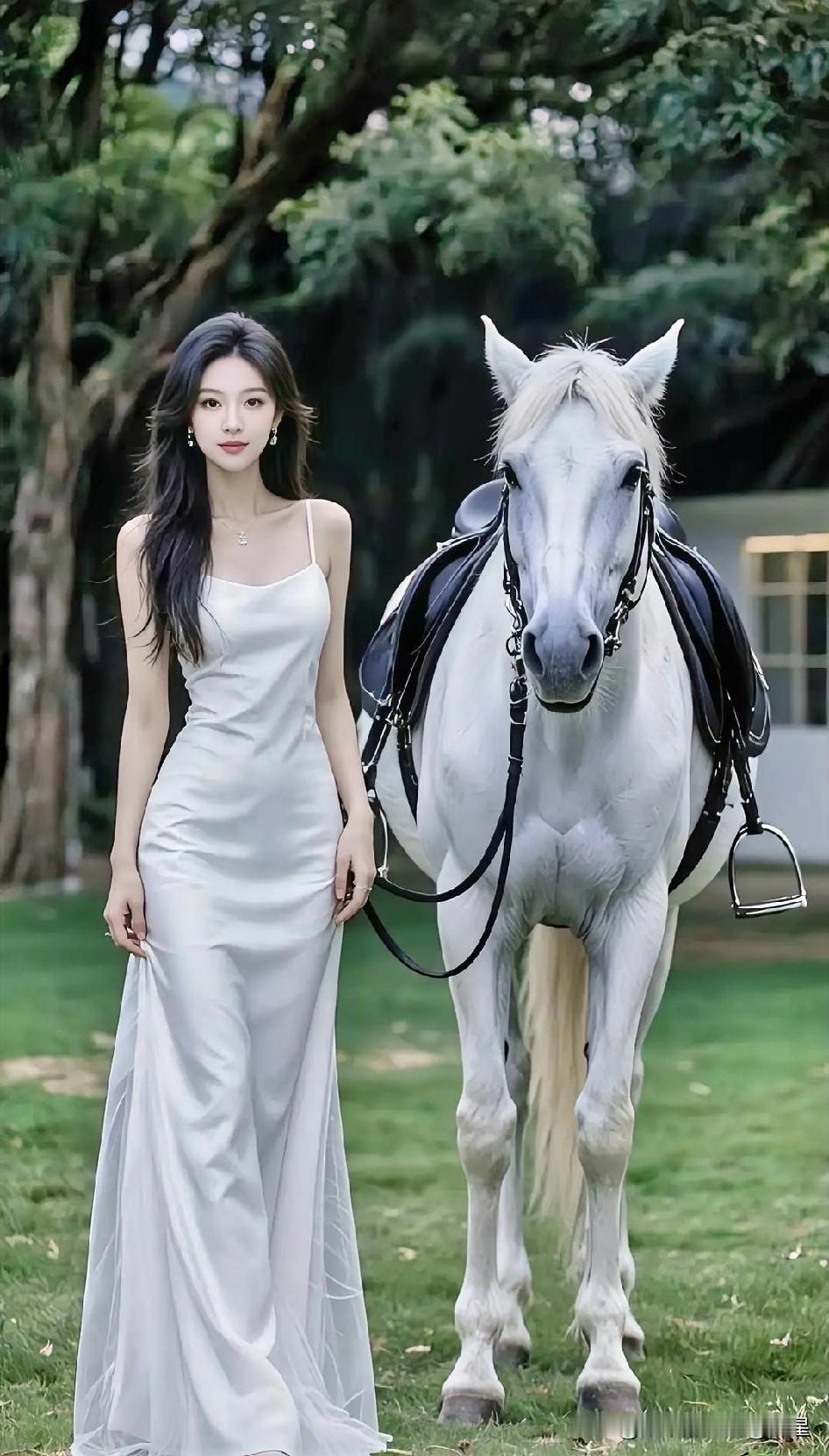 生命中的白马王子究竟在哪里?优雅白裙与白马相伴，自然与时尚的完美融合。网友