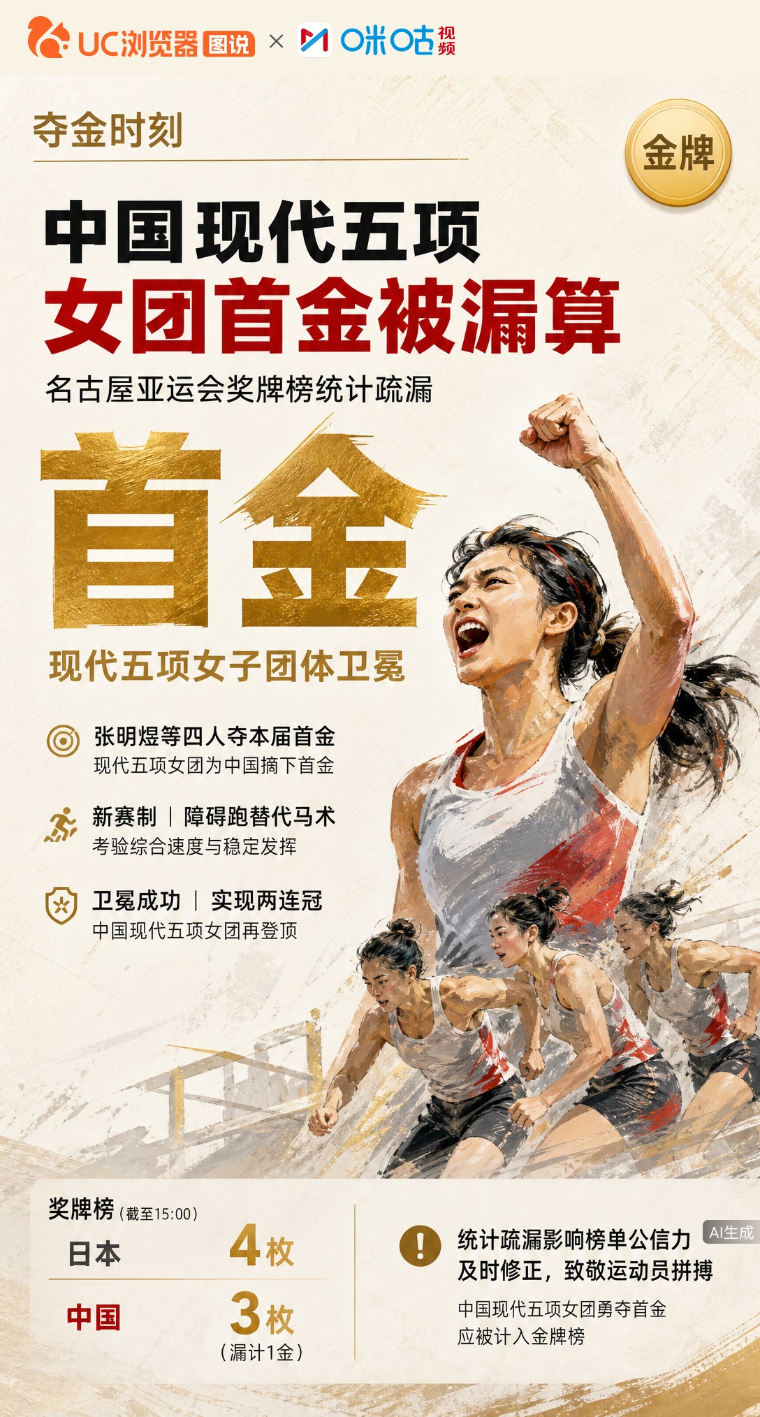 名古屋亚运奖牌榜闹乌龙！中国现代五项女团卫冕夺金，竟是代表团本届首金，却被官方漏算未计入明细。新赛制
