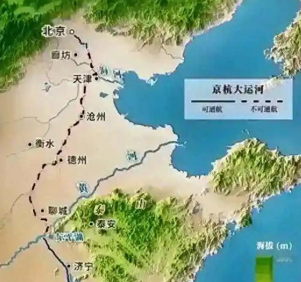 京杭大运河北线为什么标记虚线？就是因为过了黄河以后的京杭大运河，暂时不具备通航