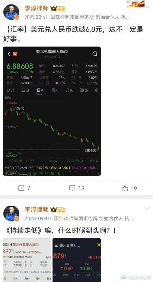 好快，人民币汇率升值到6.85区间了！看到一个有趣的是，一个律师对人民币升值和人