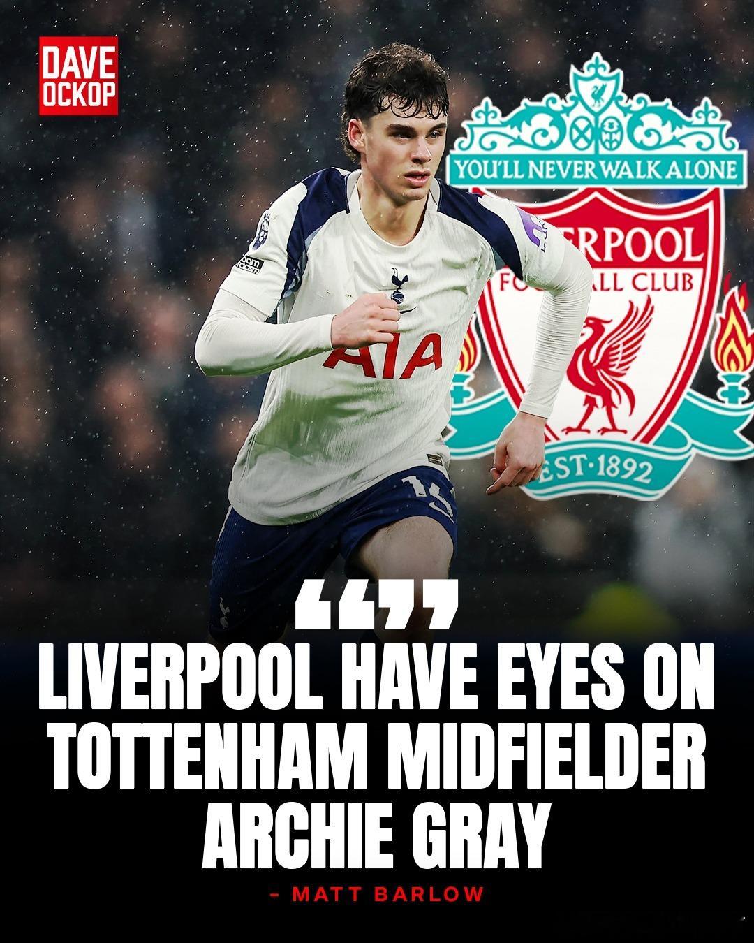 电讯报记者透露如果热刺从英超降级，利物浦有意在夏天签下他们的中场球员格雷。格雷是