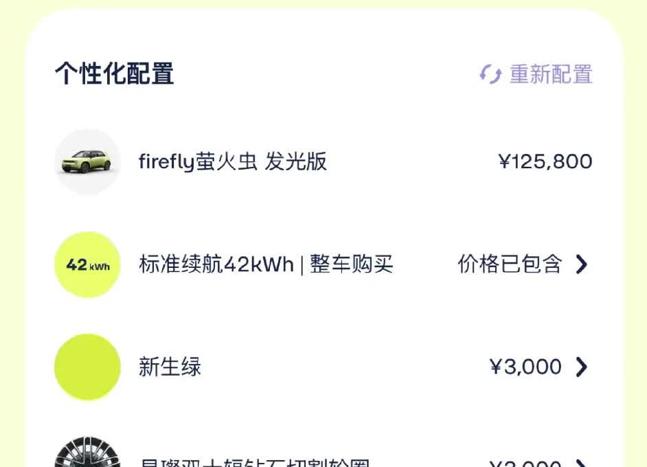 一位博主的蔚来萤火虫，加上选配总共花费131800元。新生绿看起来好清新啊。42