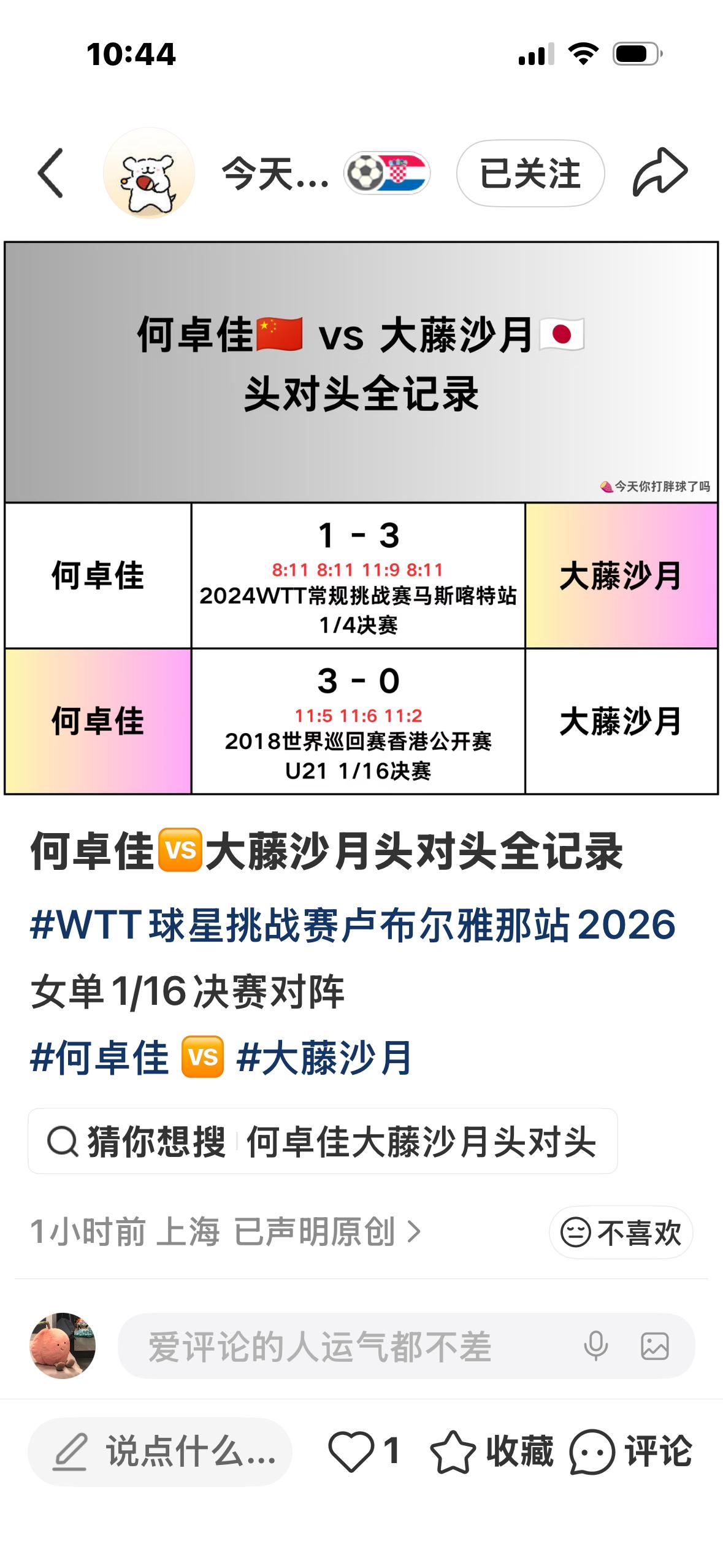 何卓佳与大藤沙月的头对头全记录——卢布尔雅那球星挑战赛女单1/16对阵何卓佳V