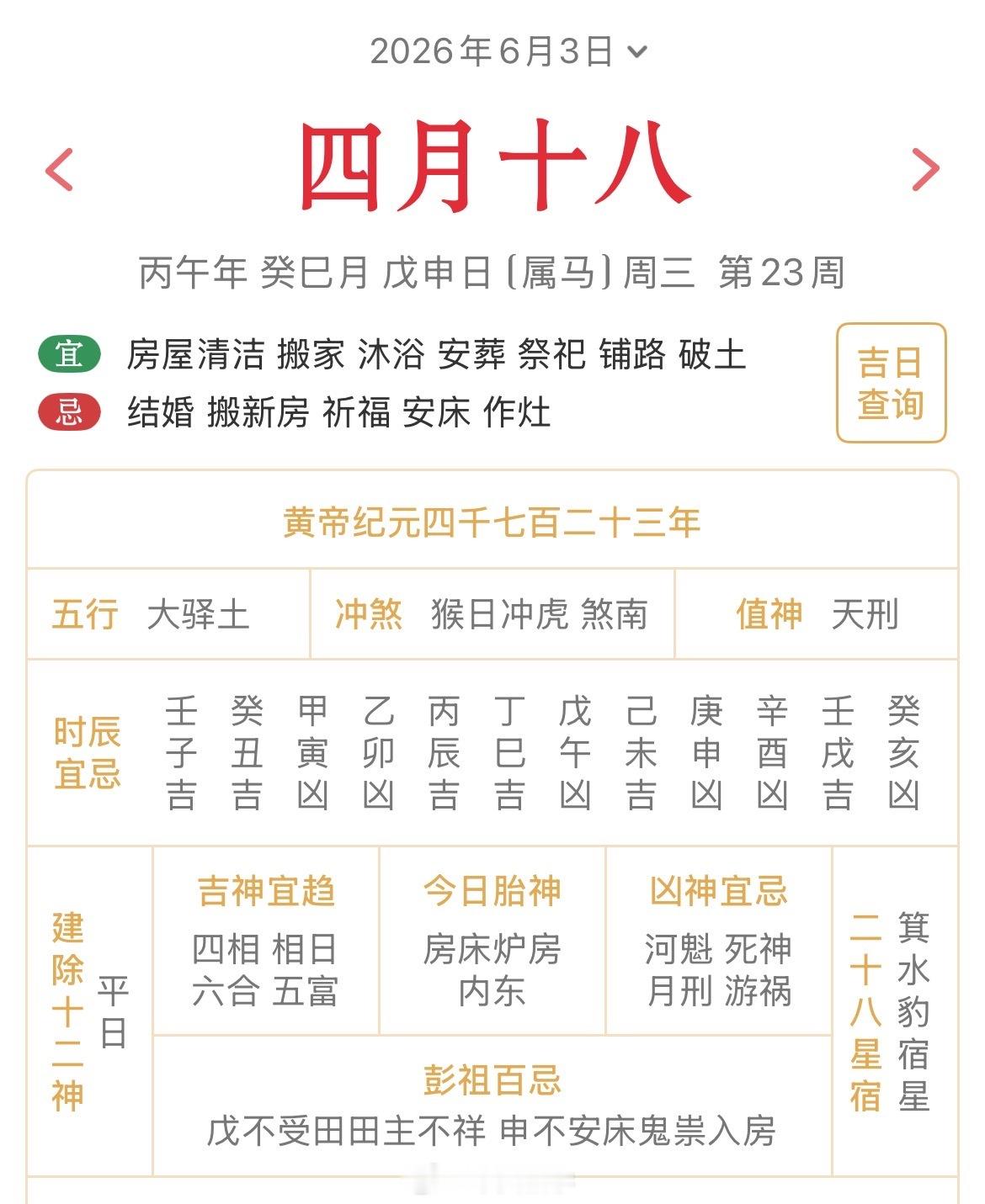 十二生肖每日简运仅供参考2026.6.3丙午年癸巳月戊申日戊申天克地冲壬寅：八