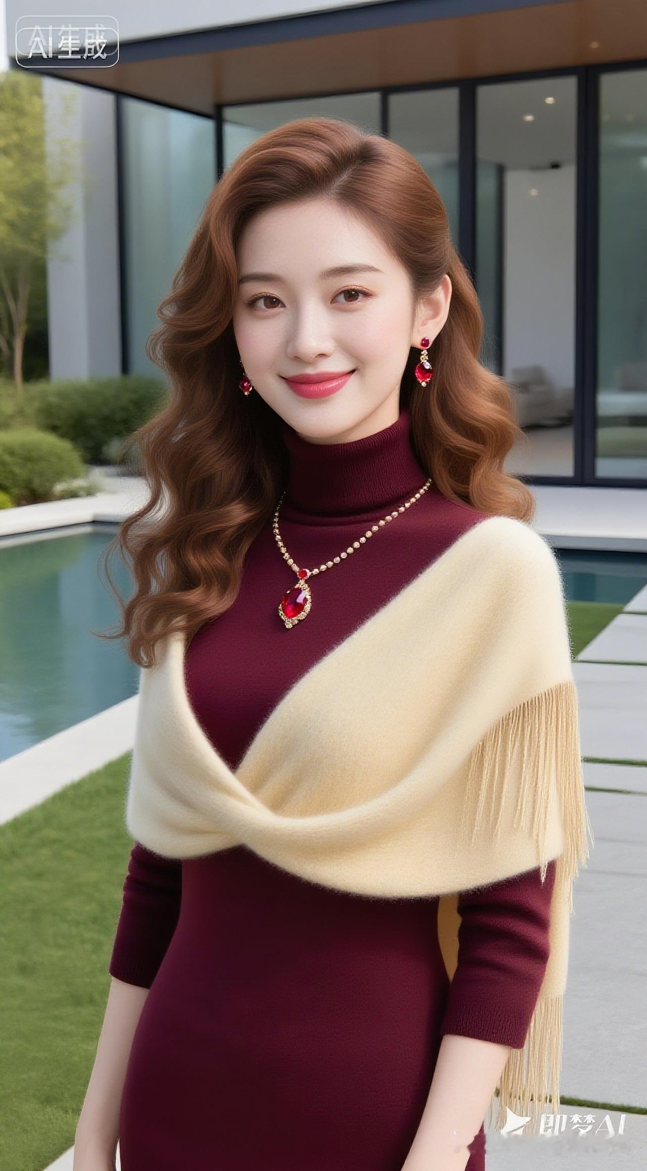 优雅红唇，复古卷发，时尚穿搭，尽显魅力！