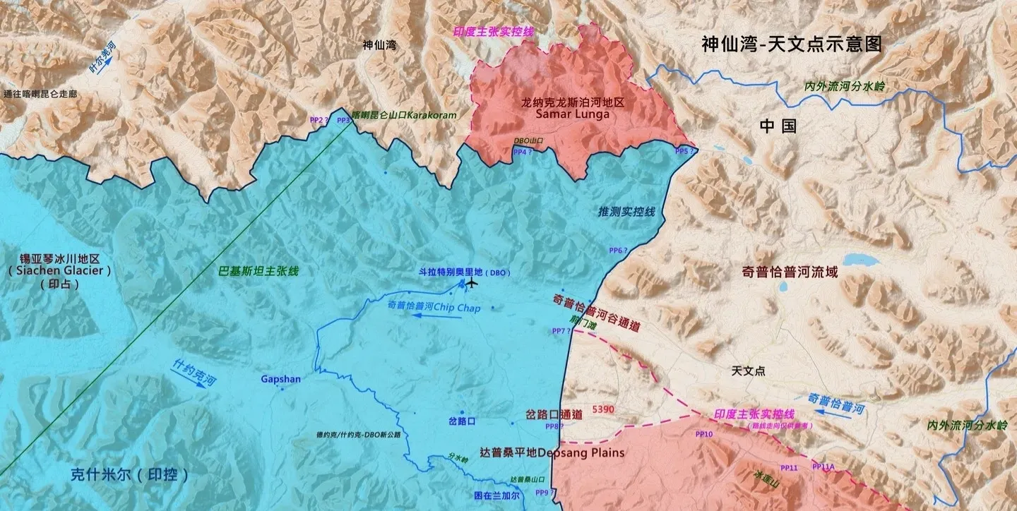 中国实控（中印边境）龙纳克龙斯泊河（LungnakLungpa，印方上游段称SamarLunga）属