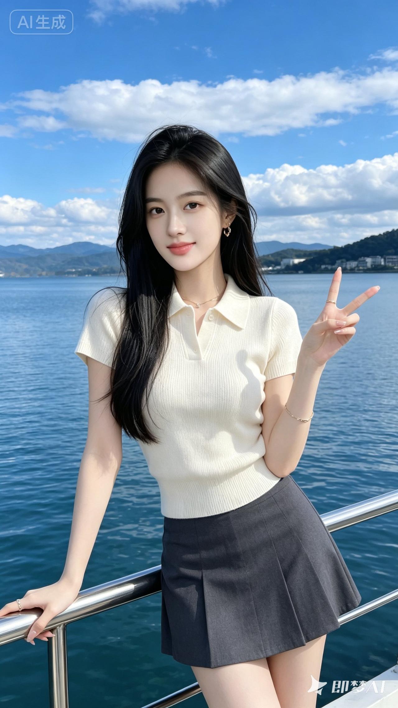 阳光明媚的海边，少女俏皮比V，元气满满的一天！🌞👗💃