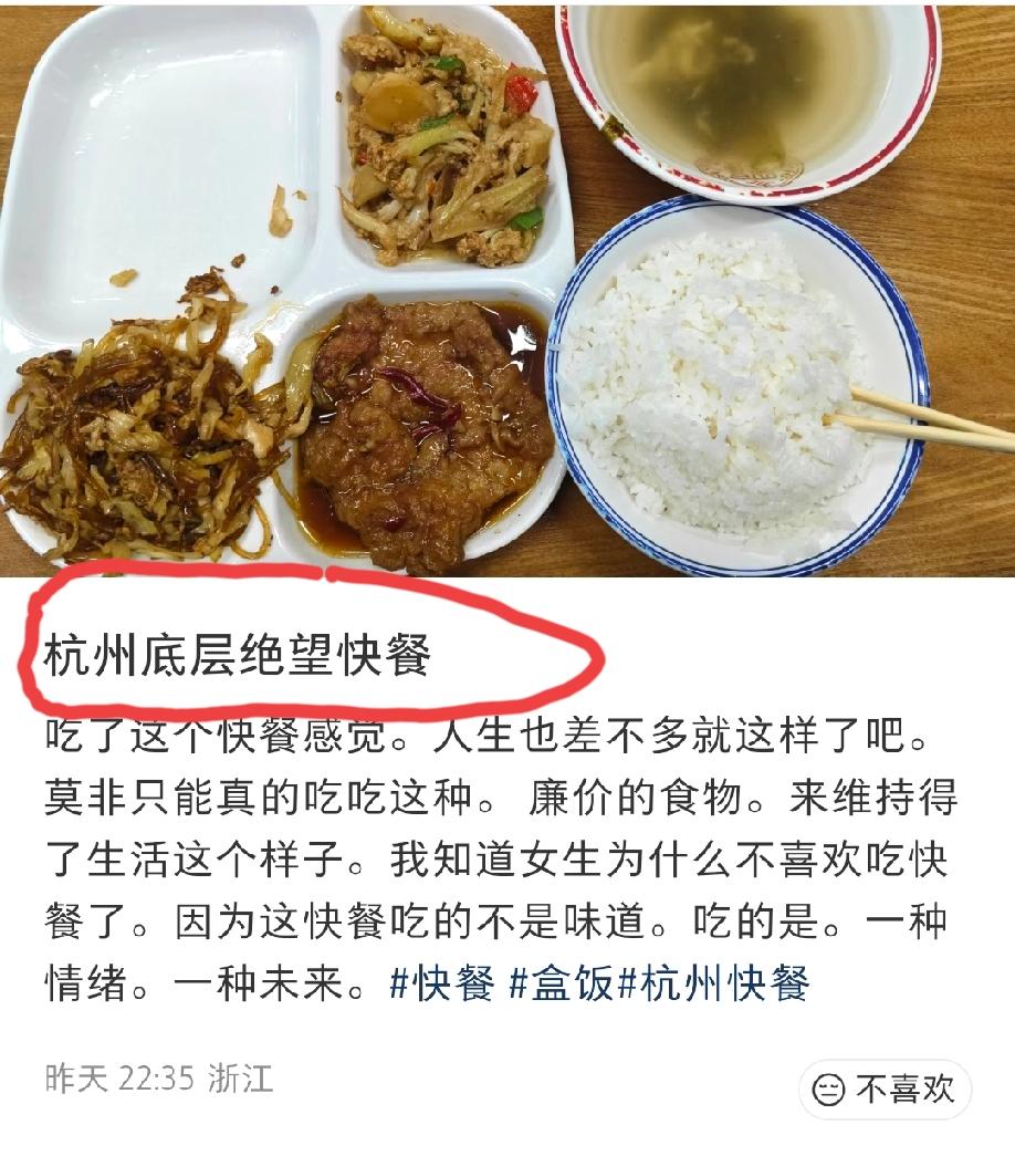 杭州网友说下面这份快餐是“底层绝望快餐”，可真的是这样吗？小编预估了一下这份快