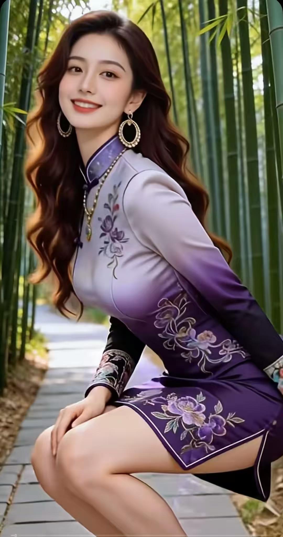 塞鸿秋·竹径旗袍紫袍裁就身姿俏，竹风穿径芳辰绕。云鬟卷露香凝妙，绣袂萦花