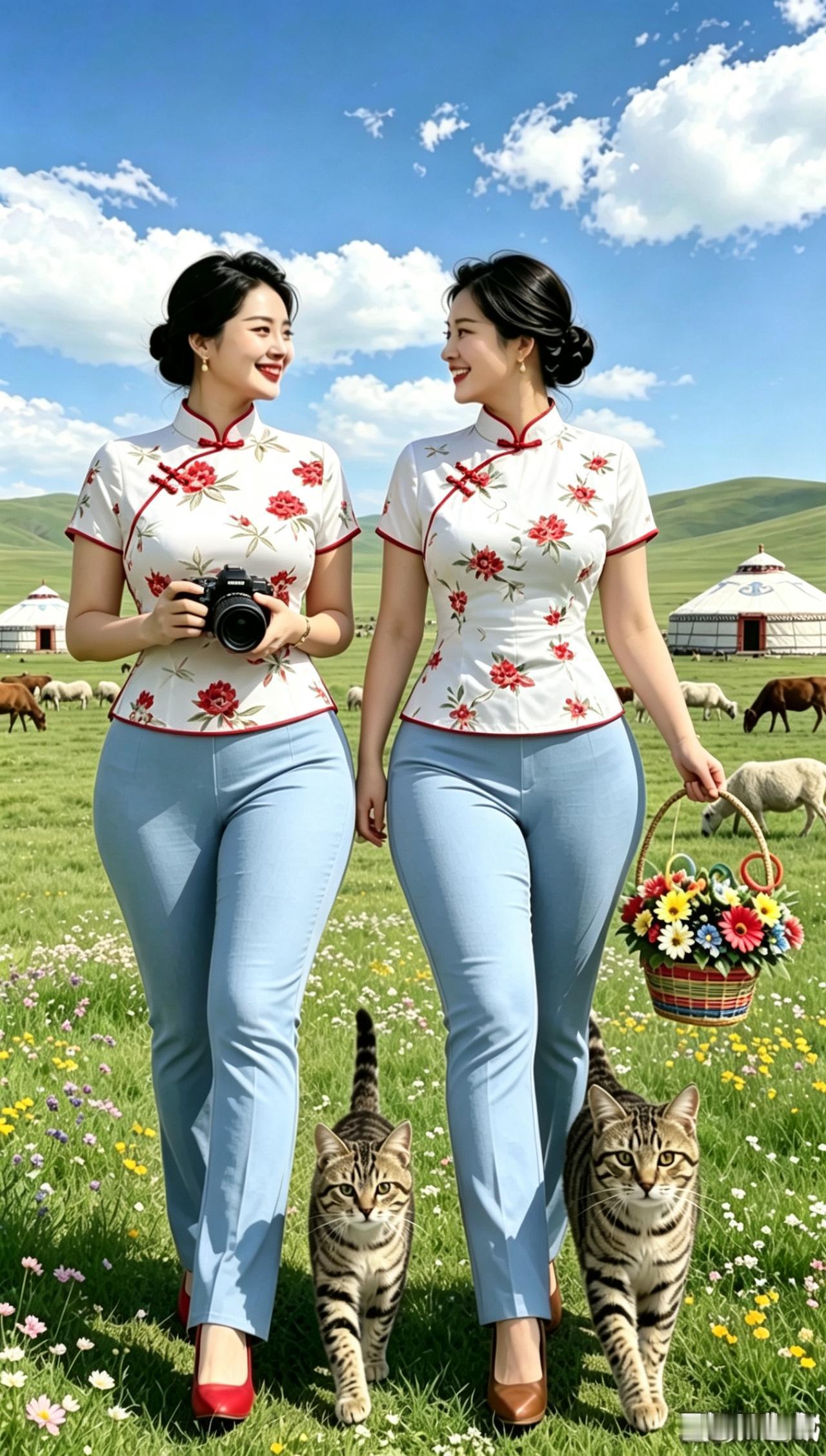 两位美女在草原上散步，猫咪陪伴。
