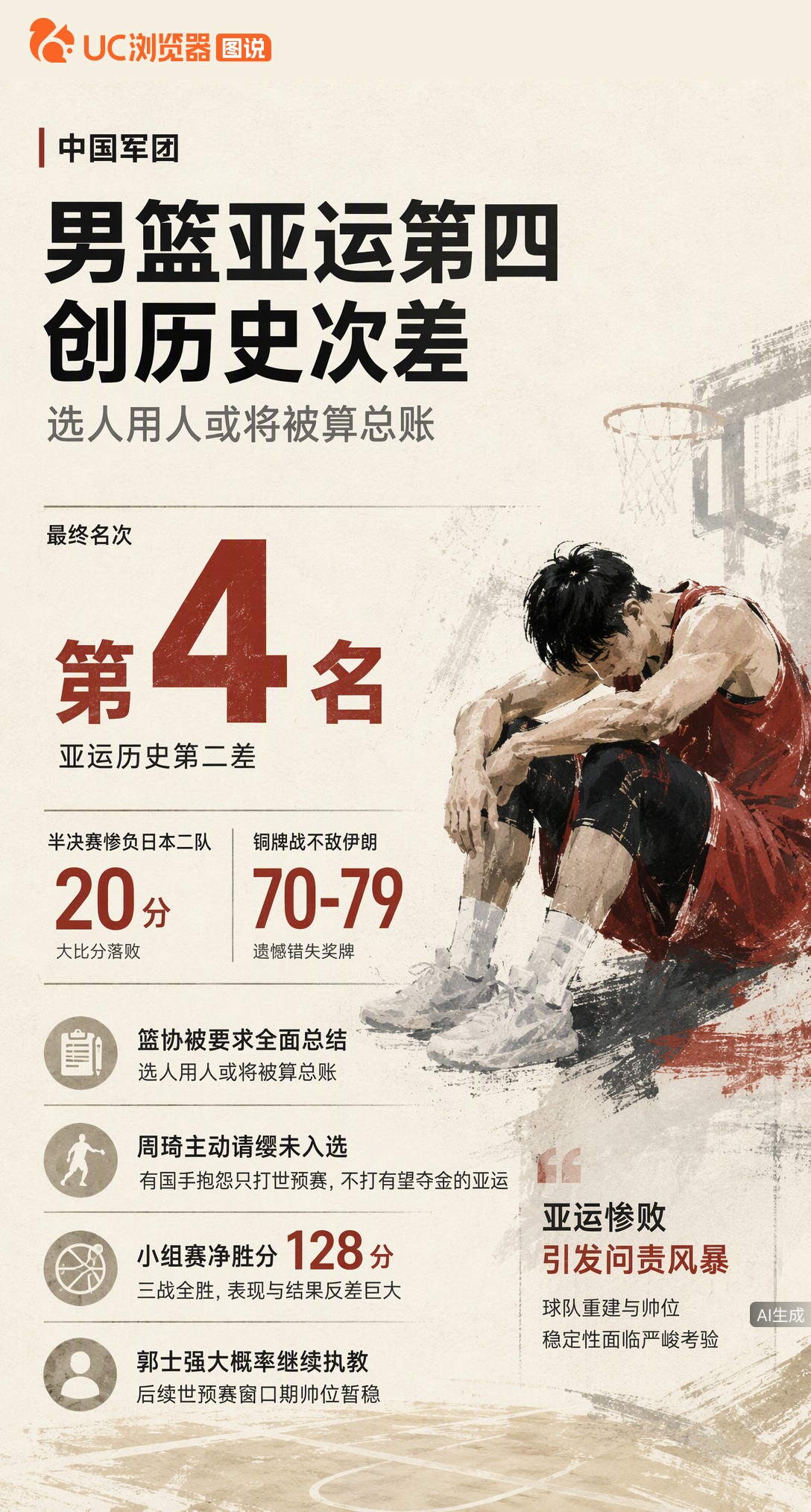 男篮亚运第四创历史第二差，选人用人或被算总账。曝周琦请缨未果，有国手抱怨不让打有望夺金的亚运，半决赛