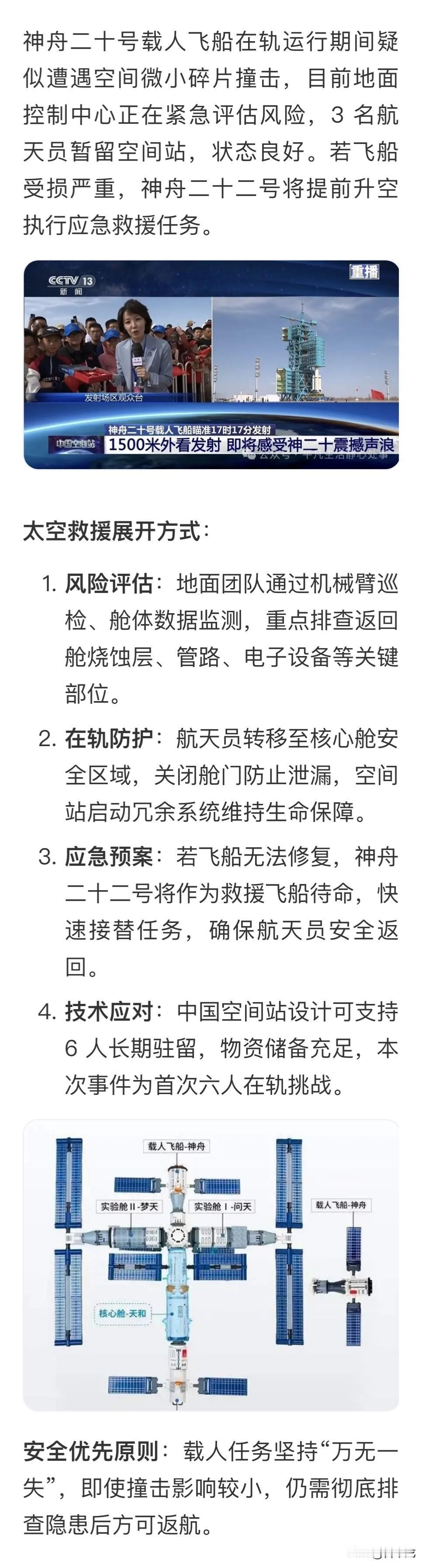 神舟二十号载人飞船在轨运行期间疑似遭遇空间微小碎片撞击，目前地面控制中心正在紧急