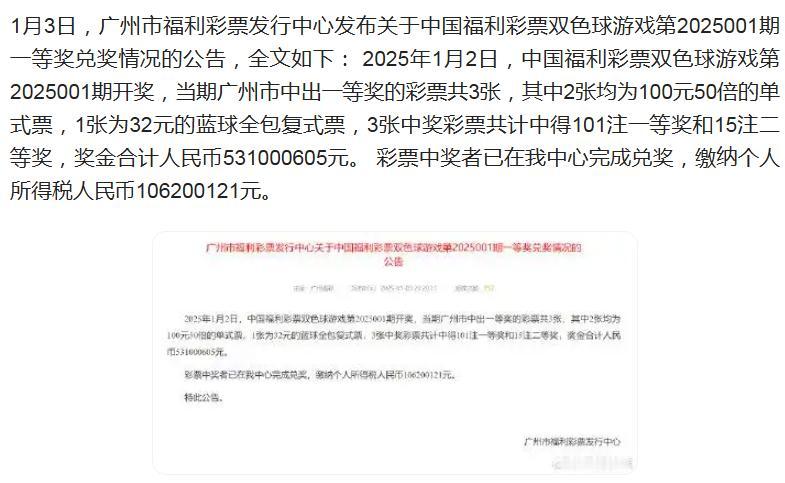 2025年堪称亿元井喷最猛年份：新年001期广东彩友斩获5.3亿双色球巨奖开始，