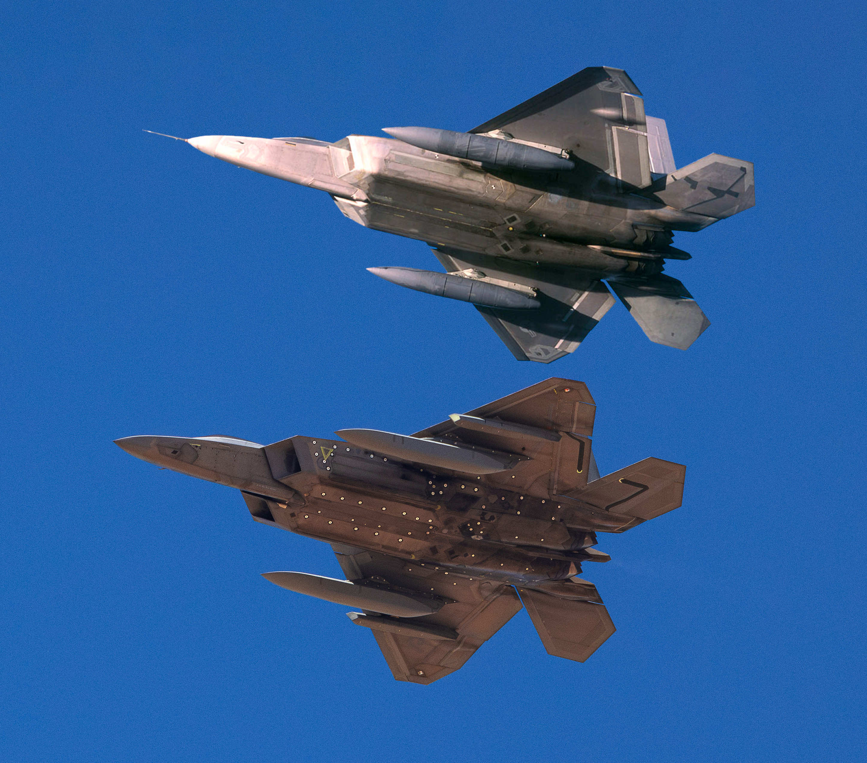 F-22挂载的旧款非隐身副油箱和新款低阻力隐身副油箱+IRST吊舱对比，左侧副翼