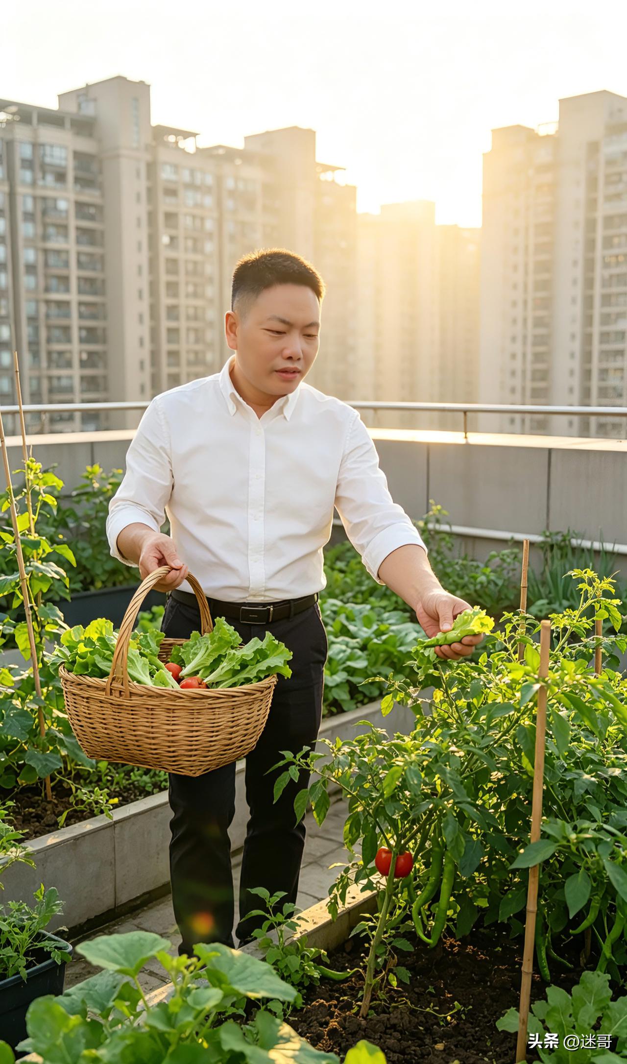 楼顶菜园摘菜，日子简单又踏实早上趁着天气舒服，去小区楼顶菜园摘点新鲜蔬菜。