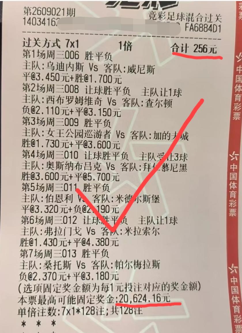 好消息是:7串1，全部精准命中！坏消息就是:虽然全部命中，但奖金只有区区100