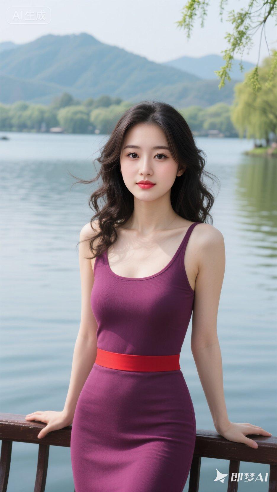 西湖畔的春风里，一位亚洲顶级美女凭栏而立。她身着艳紫红色紧身衣，红色细腰带轻束，
