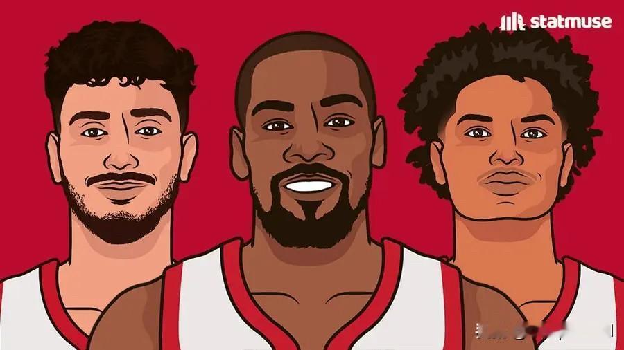 美媒StatMuse更新动态，晒出火箭球员杜兰特、申京、阿门赛季的场均数据：