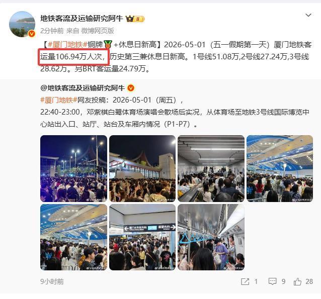 【106.94万人次！休息日历史新高，厦门地铁客流又过百万人次】昨天是五一，厦