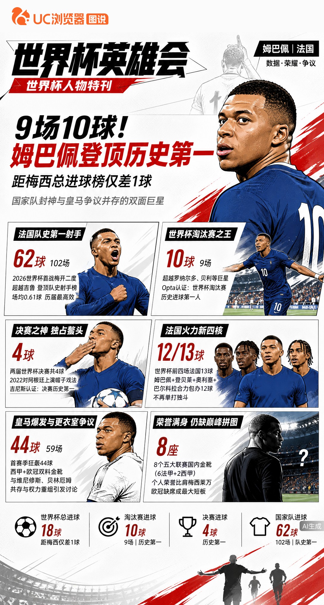9场10球！姆巴佩登顶世界杯淘汰赛历史第一，距梅西总进球榜仅差1球