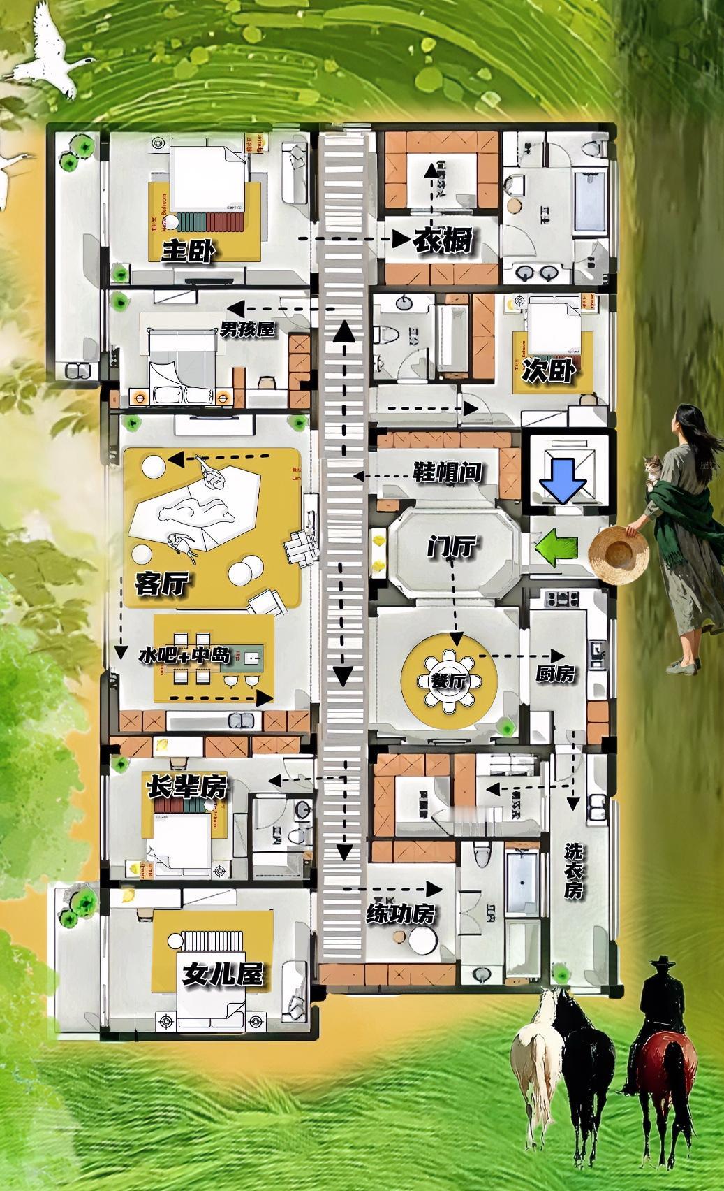 不得不佩服，四平门厅，一口仙气点化，超级大户型，400㎡派头大，端起来，布局一板