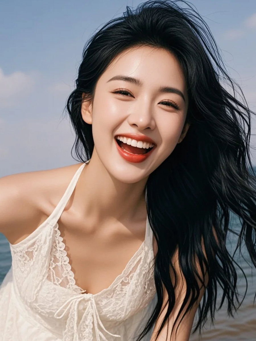 她穿着白裙去海边，轻松拍出高点赞内容