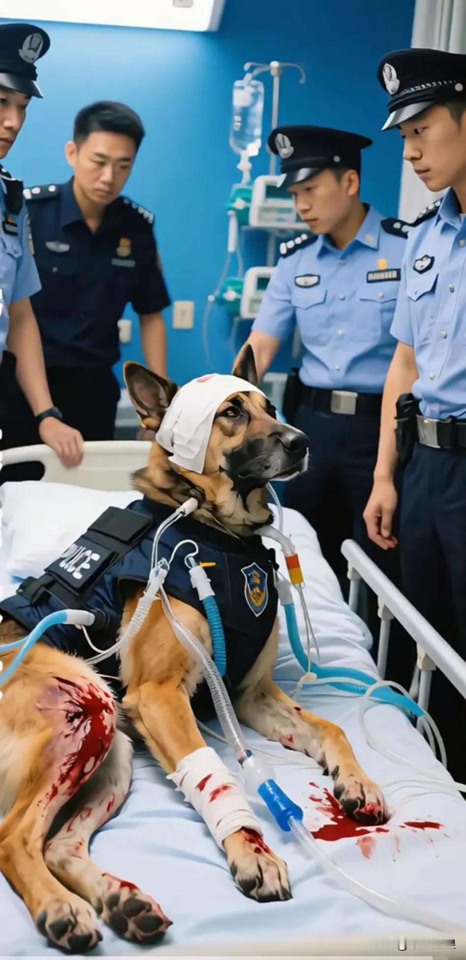 警犬为追捕歹徒英勇搏斗，身负重伤，警员们赶忙将它紧急送往医院抢救。狗狗苏醒后，警