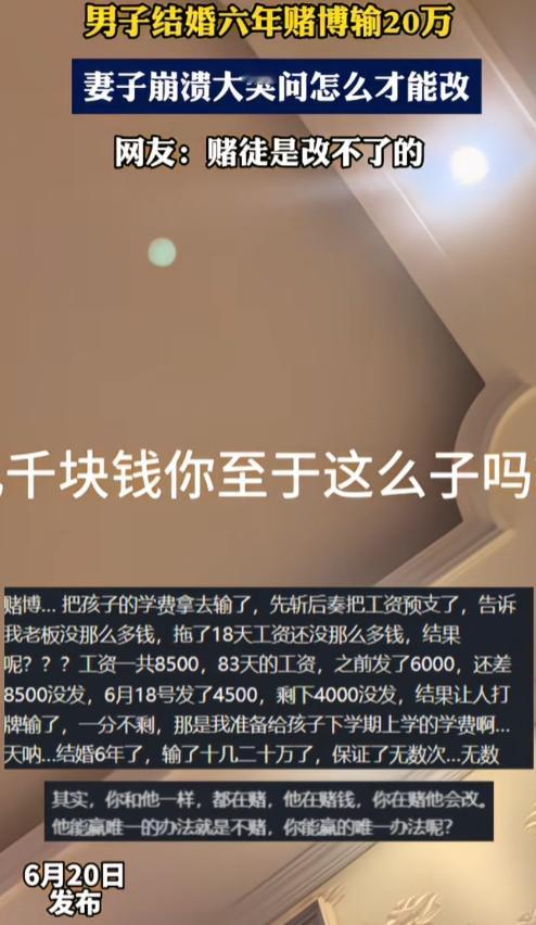 其实两个人都在赌，可惜妻子输了。一男子结婚六年沉迷赌博输掉20万，不仅提前预