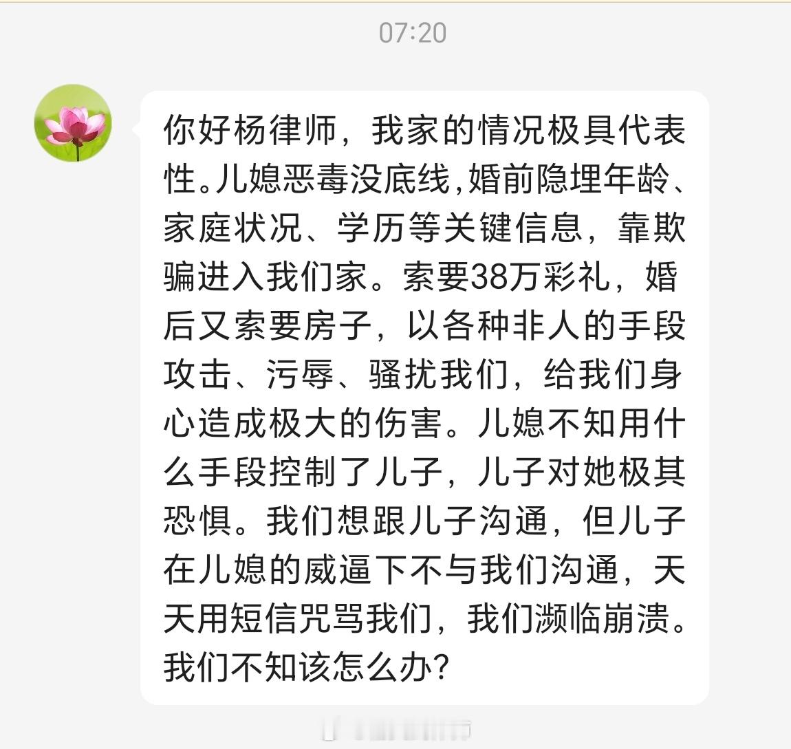 你好杨律师，我家的情况极具代表性。儿媳恶毒没底线，婚前隐埋年龄、家庭状况、学历等