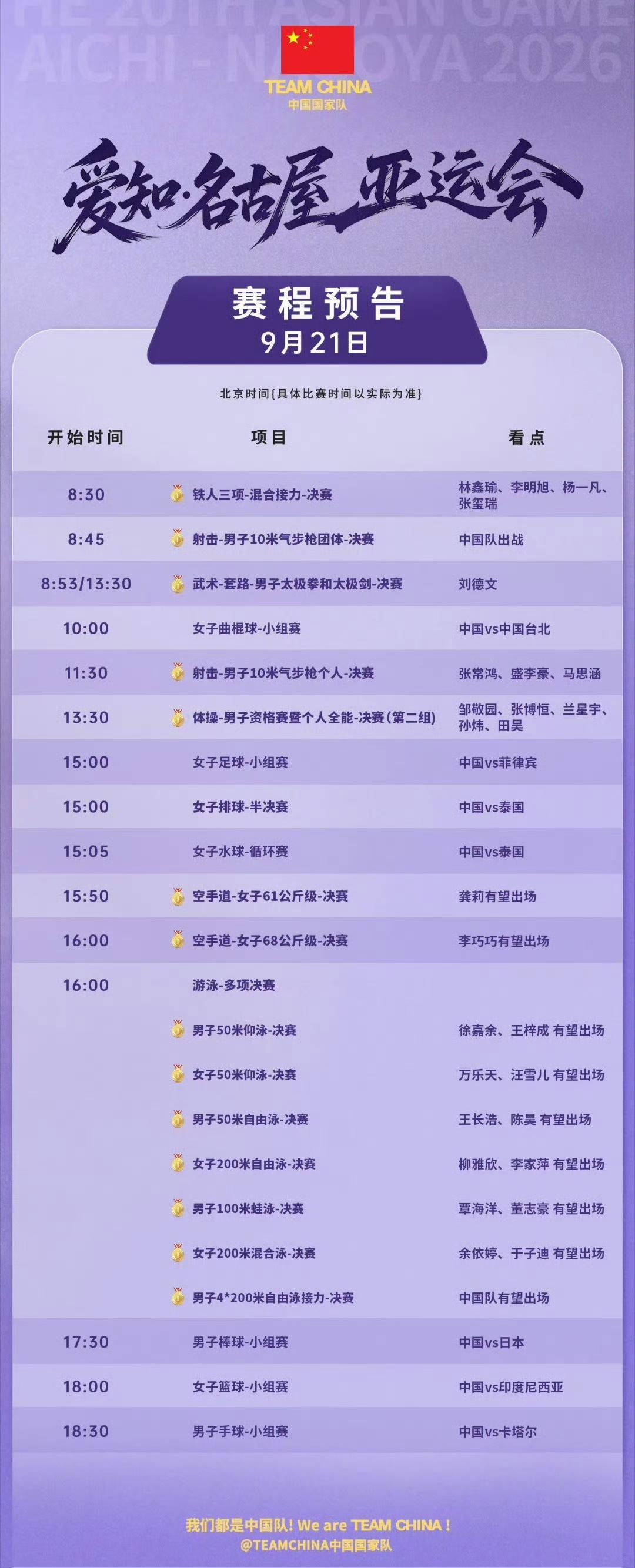 亚运会9月21日赛程！今天是名古屋亚运会第2个比赛日，将角逐出18枚金牌🥇。