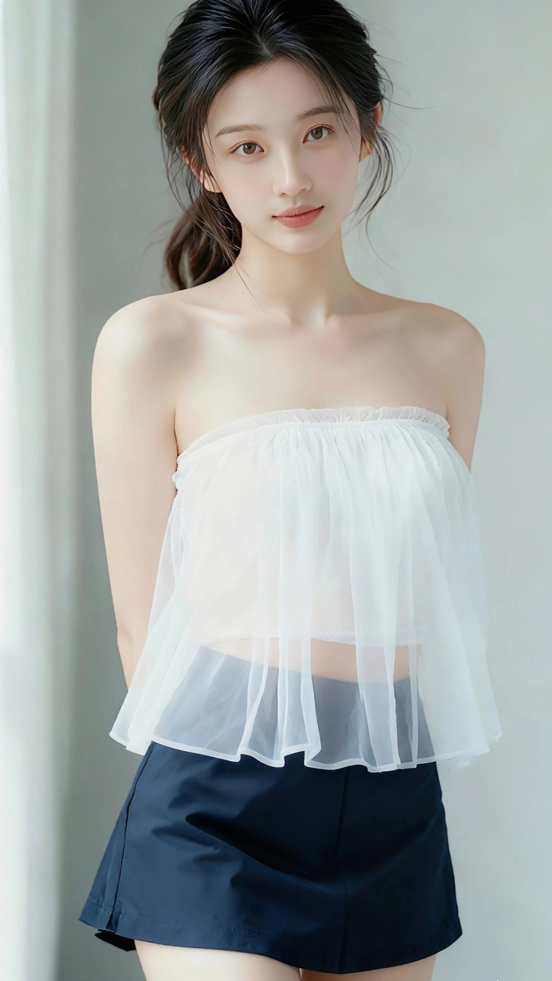 这位小姐姐好迷人，上身穿一件薄纱，黑短裤，极简约却仿佛有魔力，让人忍不着多看一眼