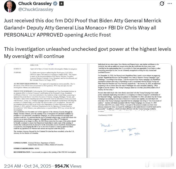 联邦参议员查克·格拉斯利：刚刚收到来自司F部的文件——证据显示，拜灯的司F部长梅