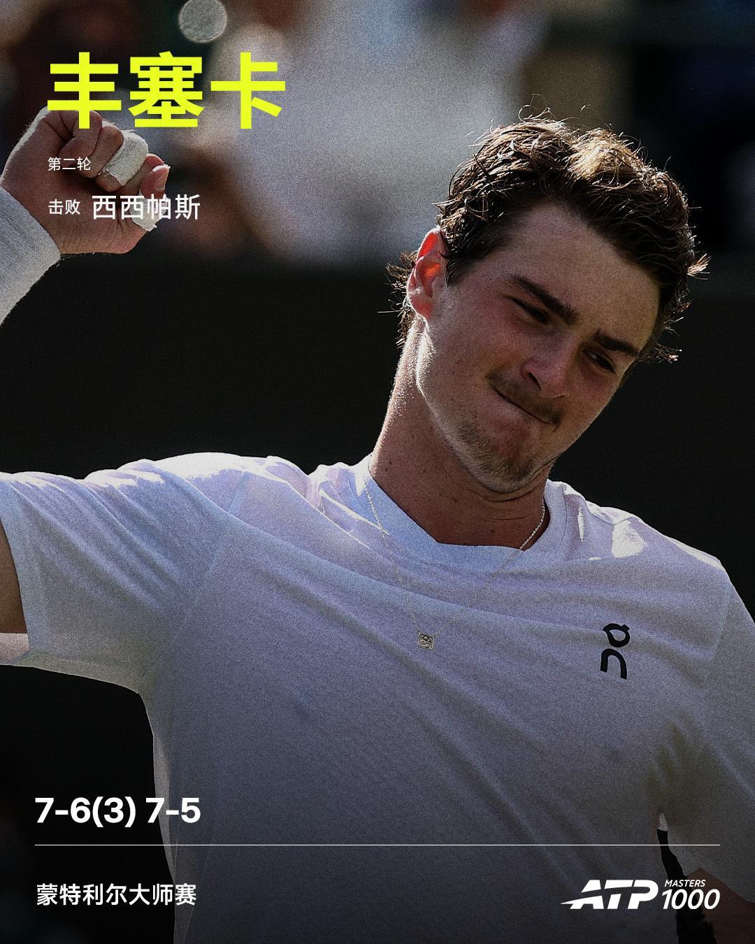 丰塞卡晋级第三轮ATP1000蒙特利尔大师赛，22号种子丰塞卡直落两盘，以7-
