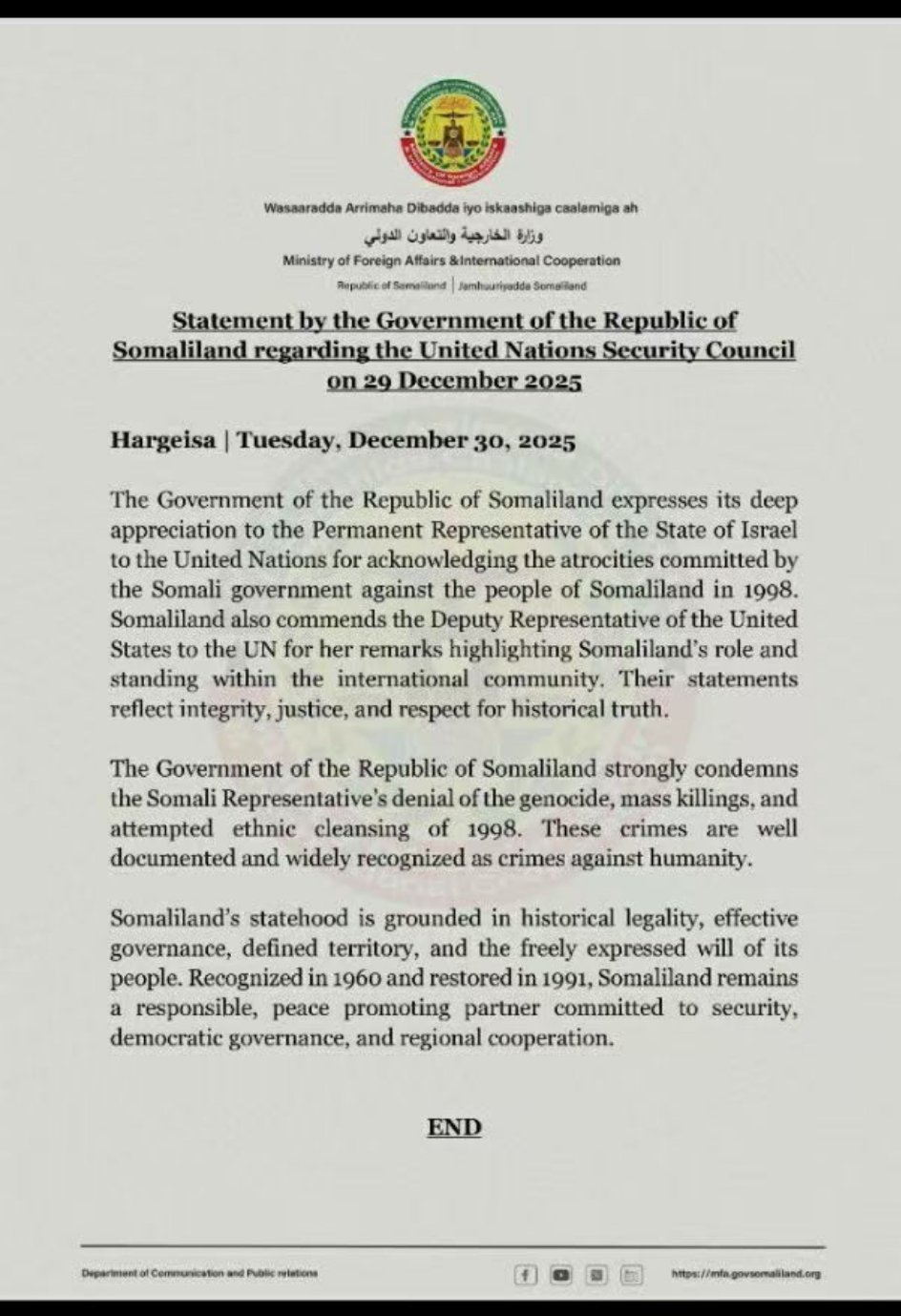 🇮🇱🤝🇸🇴❗️🇺🇳—索马里兰共和国政府就2025年12月29日