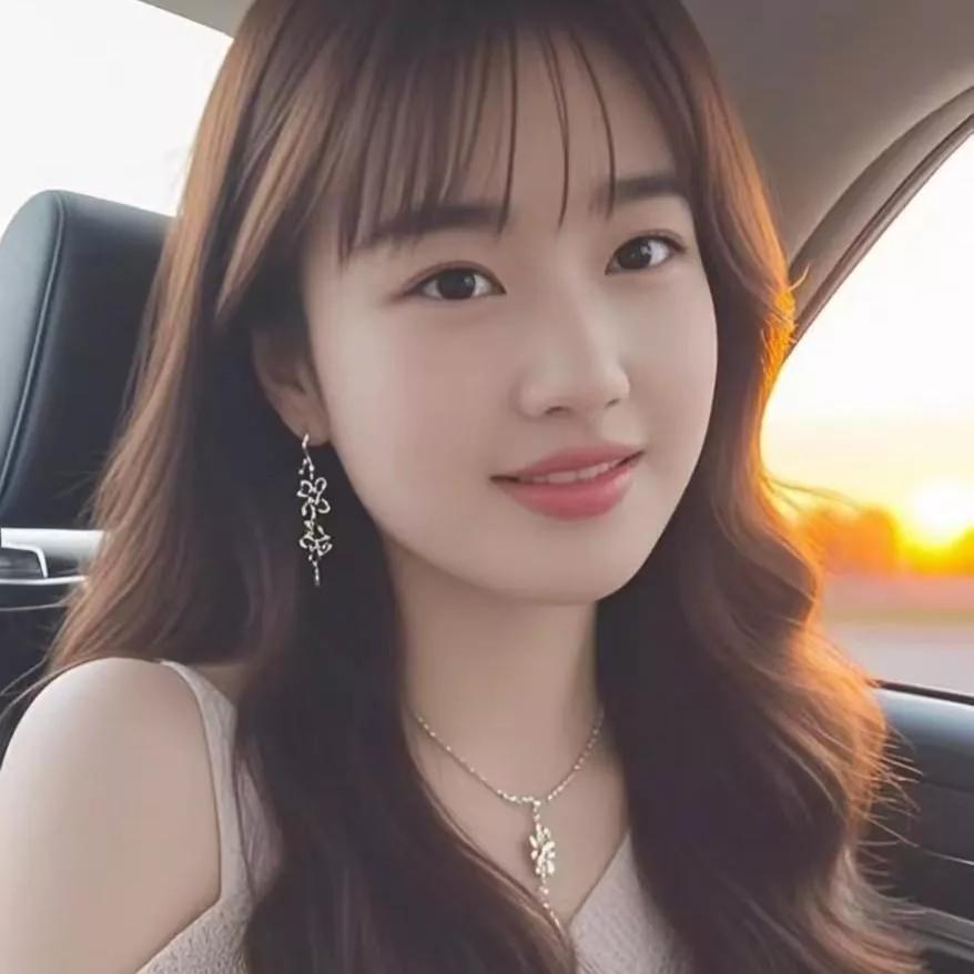 少女在车内微笑，夕阳下的温暖时光。美少女的微笑秋日少女照甜美微笑写真少女治